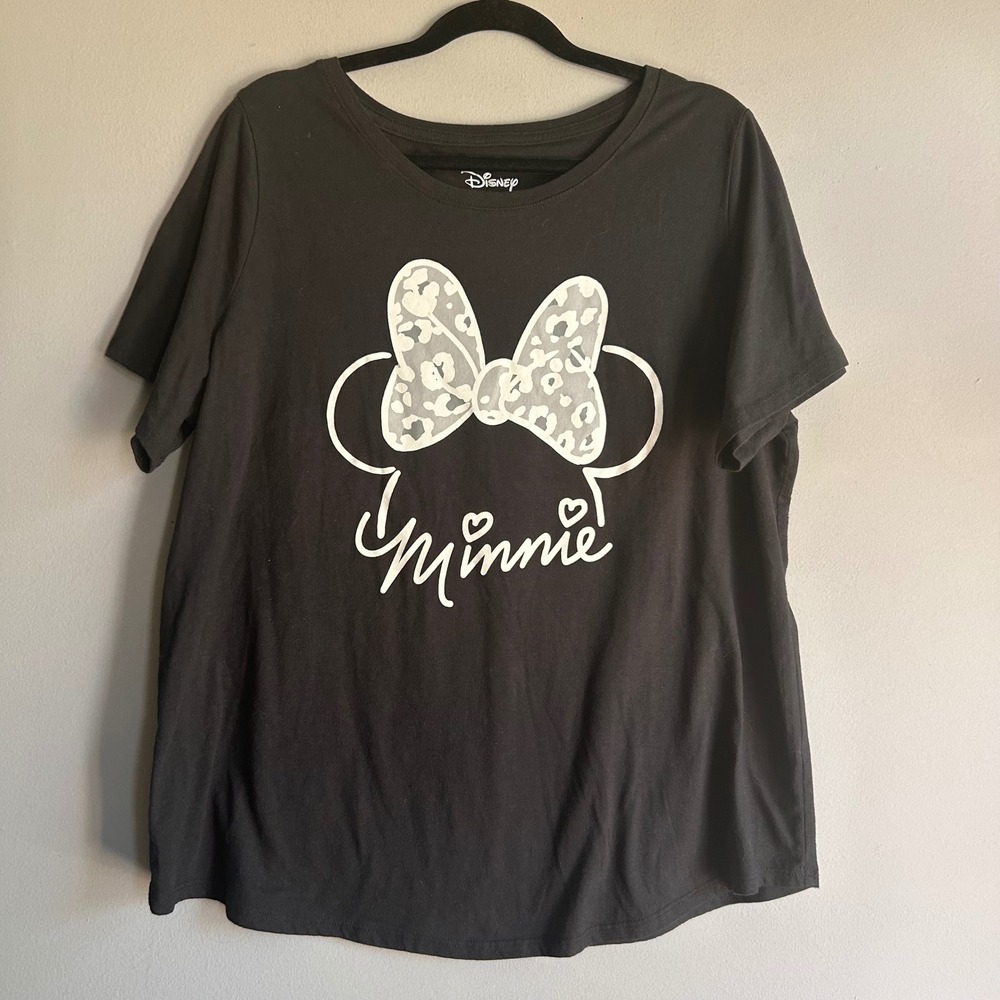 Disney‎ EVRI Womens Minnie Mouse Leopard Bow Graphic T-Shirt Black 0X Plus Size